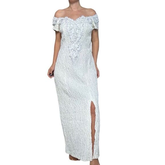 Vintage 90s Flirtation White Maxi Evening Dress Slit Off Shoulder Size Large